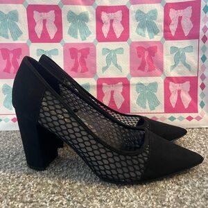 Marc Fisher Womens Gildie Black Suede Mesh Fishnet Side Block Heel